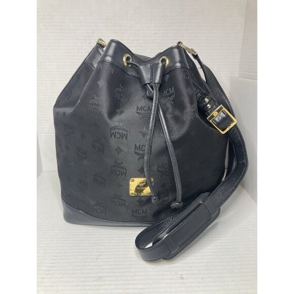 MCM Vintage Large Nylon Leather Drawstring Bucket Bag - Picture 1 of 16